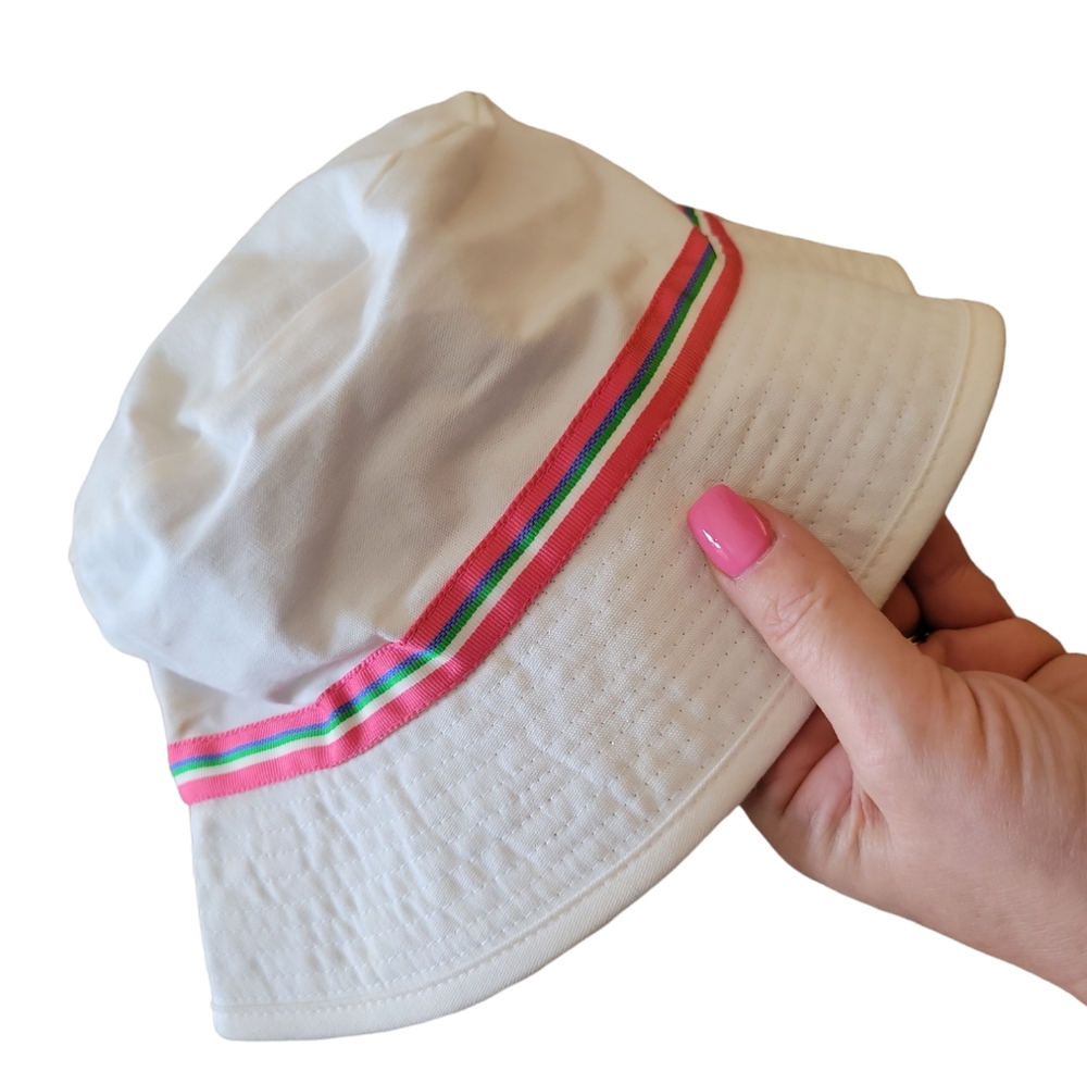 Stylish White Bucket Hat with Pink Stripe